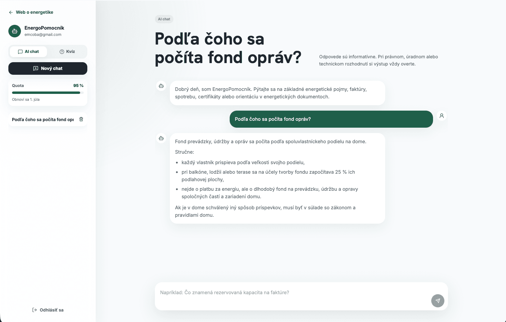 Náhľad aplikácie EnergoPomocník s AI chatom a bočným panelom